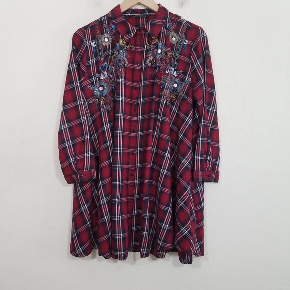 Zara Embellished Button Down Plaid Shirt Top Red Size L - Picture 2 of 10